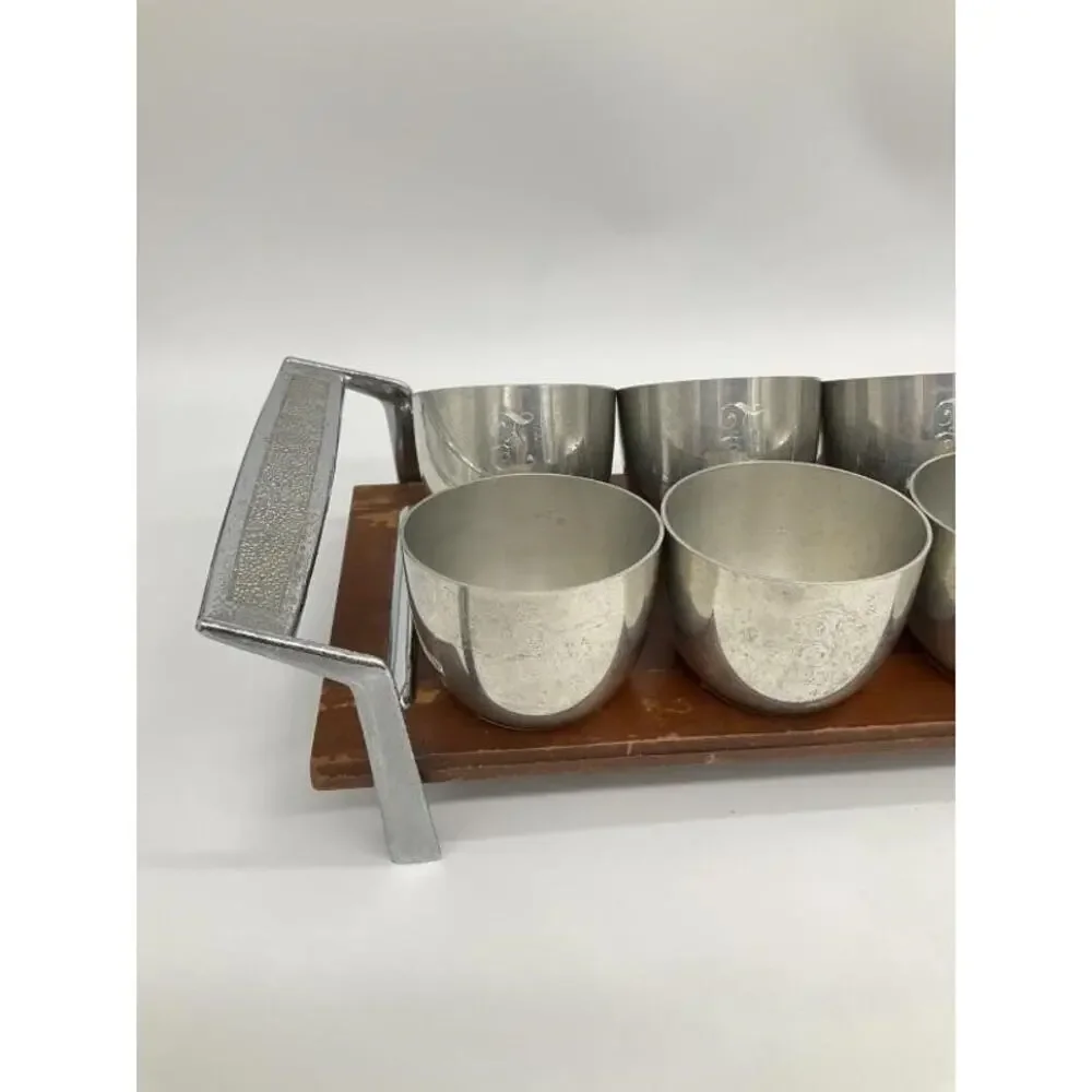 Vintage MCM Mid Century Set of 8 Pewter Jefferson Cups & Tray Web Pewter 1101